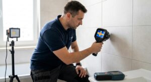 Technik lokalizuje wyciek w instalacji wodnej we Wrocławiu, wskazując miejsce nieszczelności do osuszenia budynku