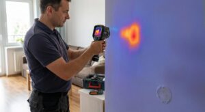 Technik wykrywa wyciek w domu kamerą termowizyjną – sygnał do zlecenia diagnostyki i osuszania