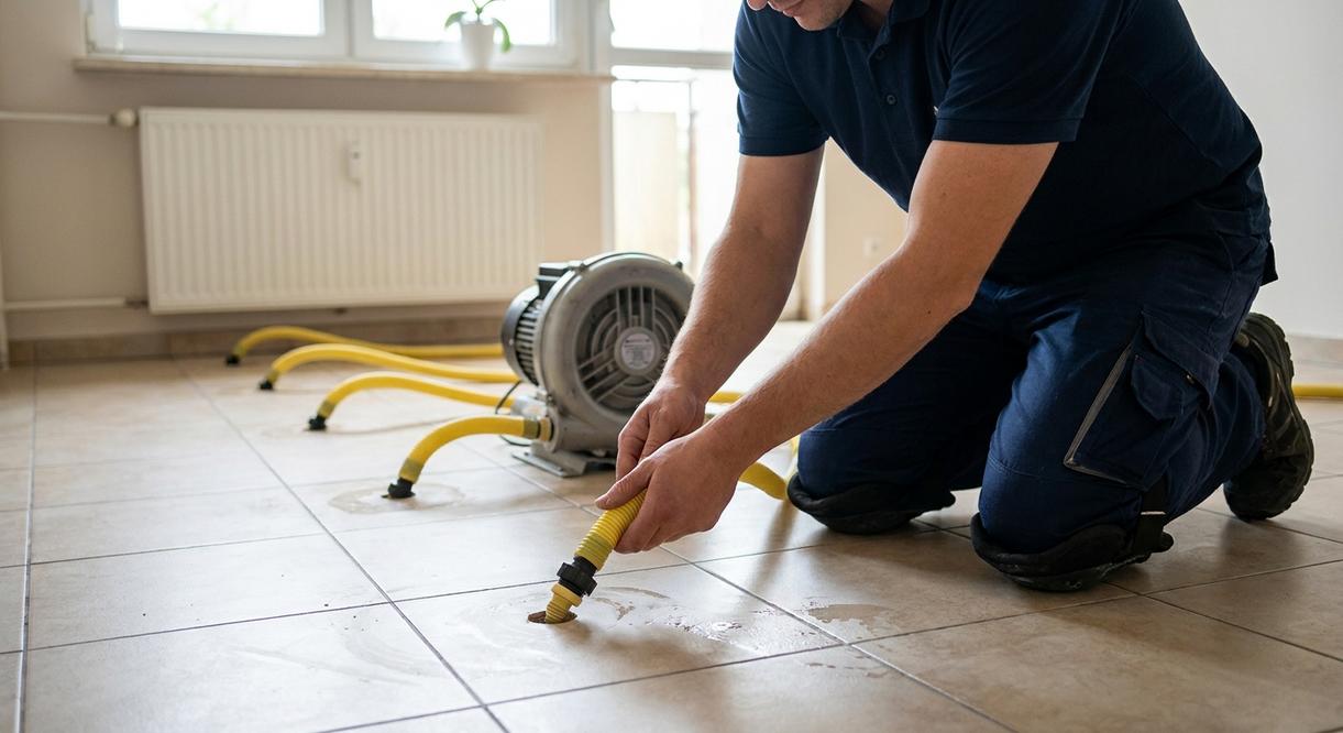 Pęknięta rura instalacji pod posadzką jako typowa przyczyna zalania wymagająca osuszania podposadzkowego